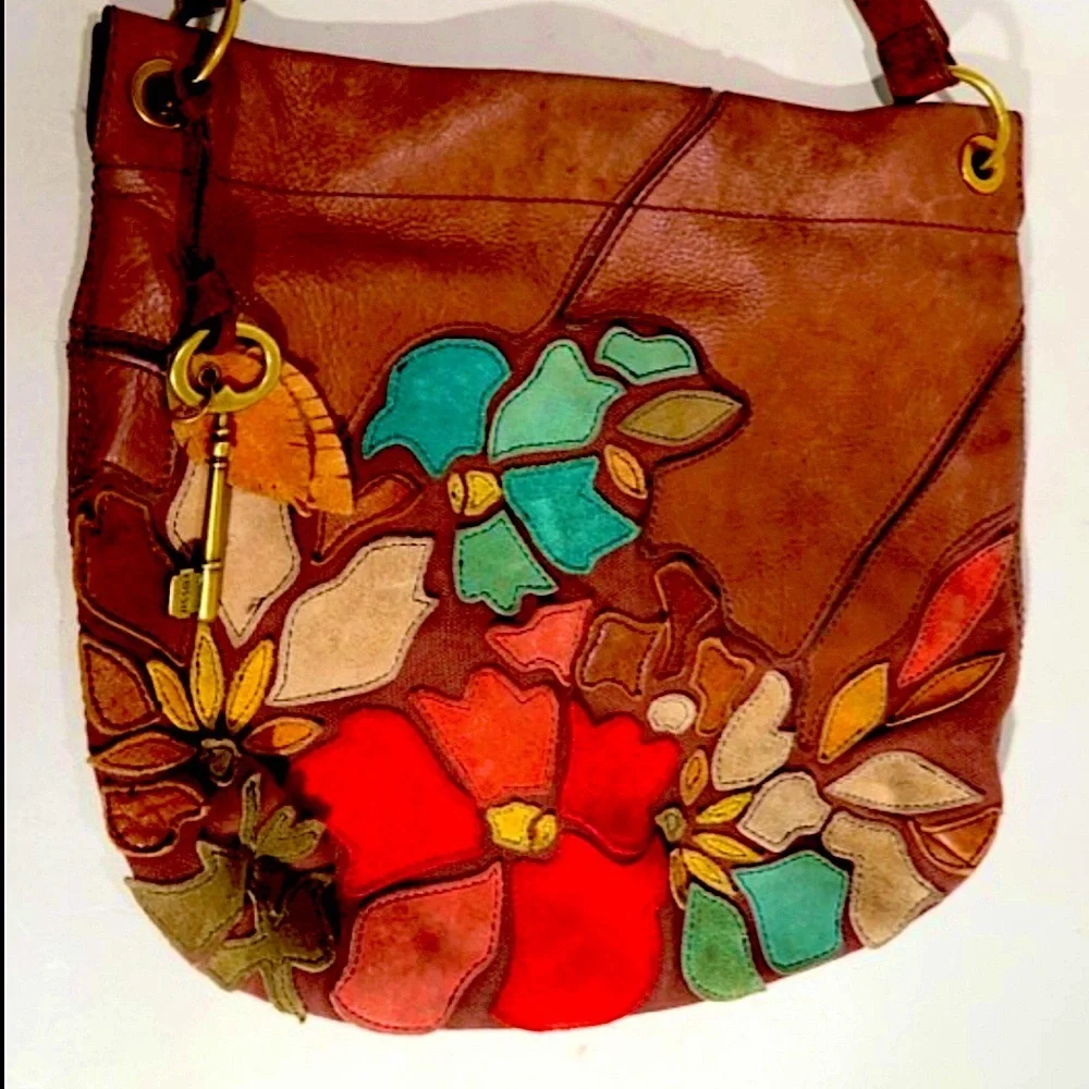RARE Fossil Desi Flower Hobo Y2K Bag Genuine Leather Purse Key Fob Charm